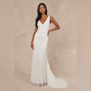 Passionate Romance White Beaded Sequin Mermaid Maxi Dress